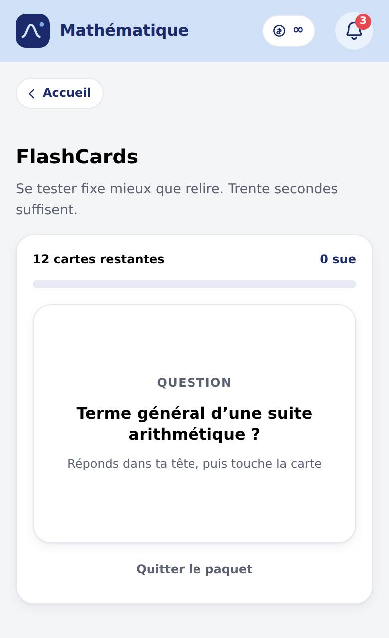 Une flashcard : la question tirée de la fiche, et l'invitation à répondre dans sa tête avant de retourner la carte.