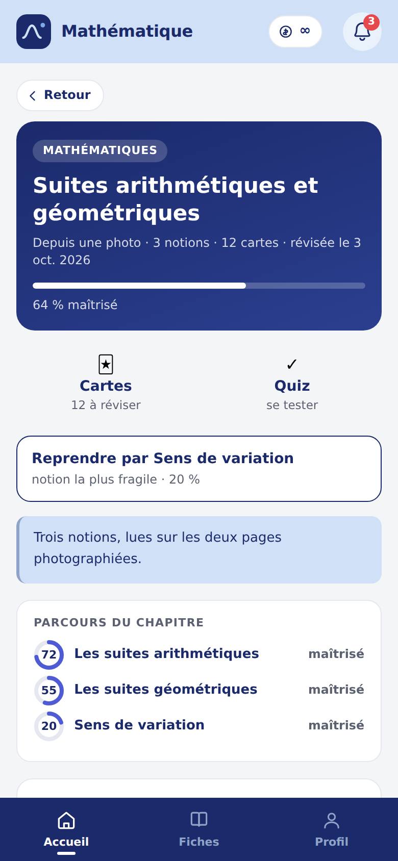 La page d'une fiche : le titre du chapitre, 64 % maîtrisé, le parcours des trois notions avec leur pourcentage.