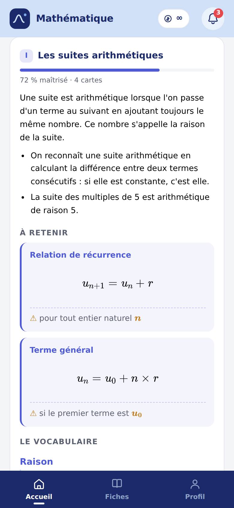 Une notion de la fiche : la définition rédigée, deux points clés, puis la formule du terme général d'une suite arithmétique avec ses conditions.