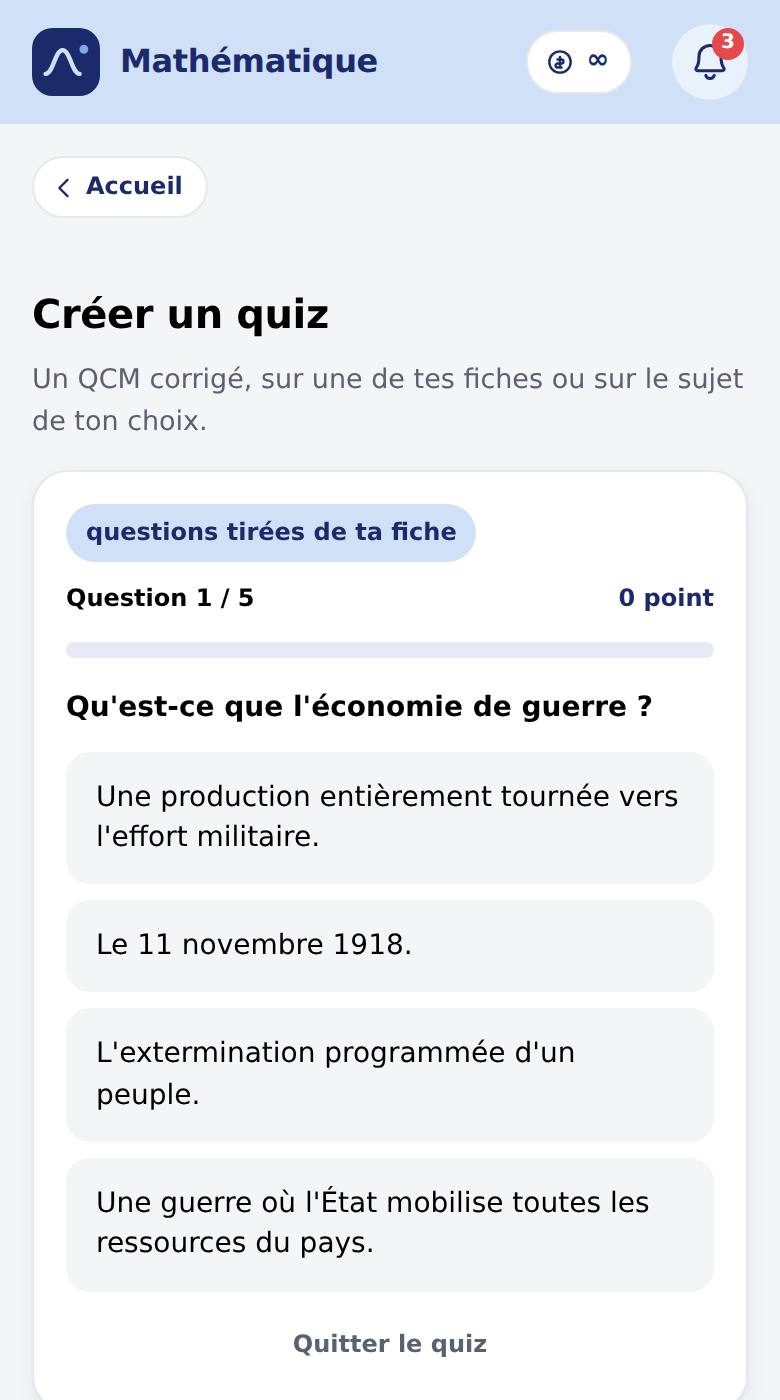 Un quiz en cours, marqué « questions tirées de ta fiche », avec une question de vocabulaire et quatre réponses au choix.
