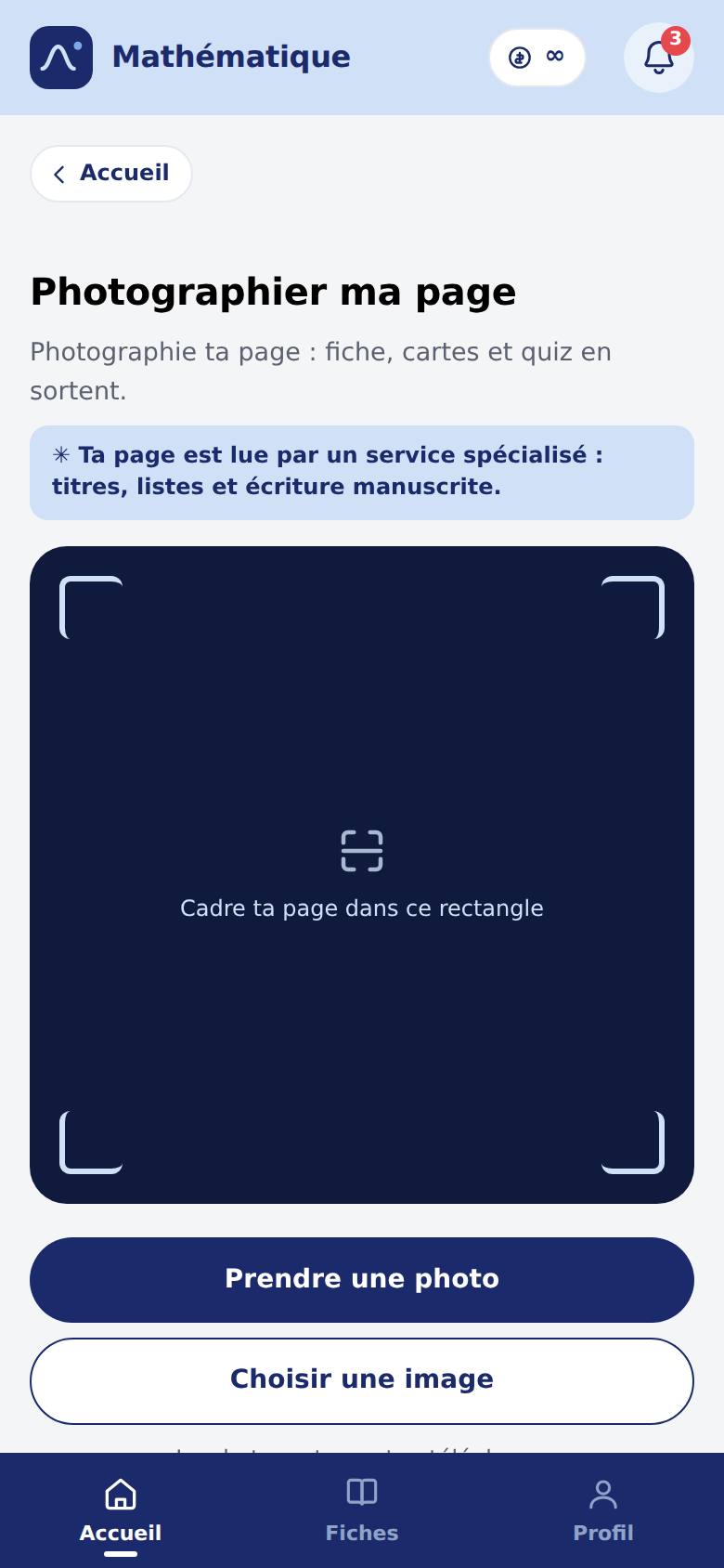 L'écran de prise de vue : un cadre sombre où placer la page, et deux boutons, prendre une photo ou choisir une image.